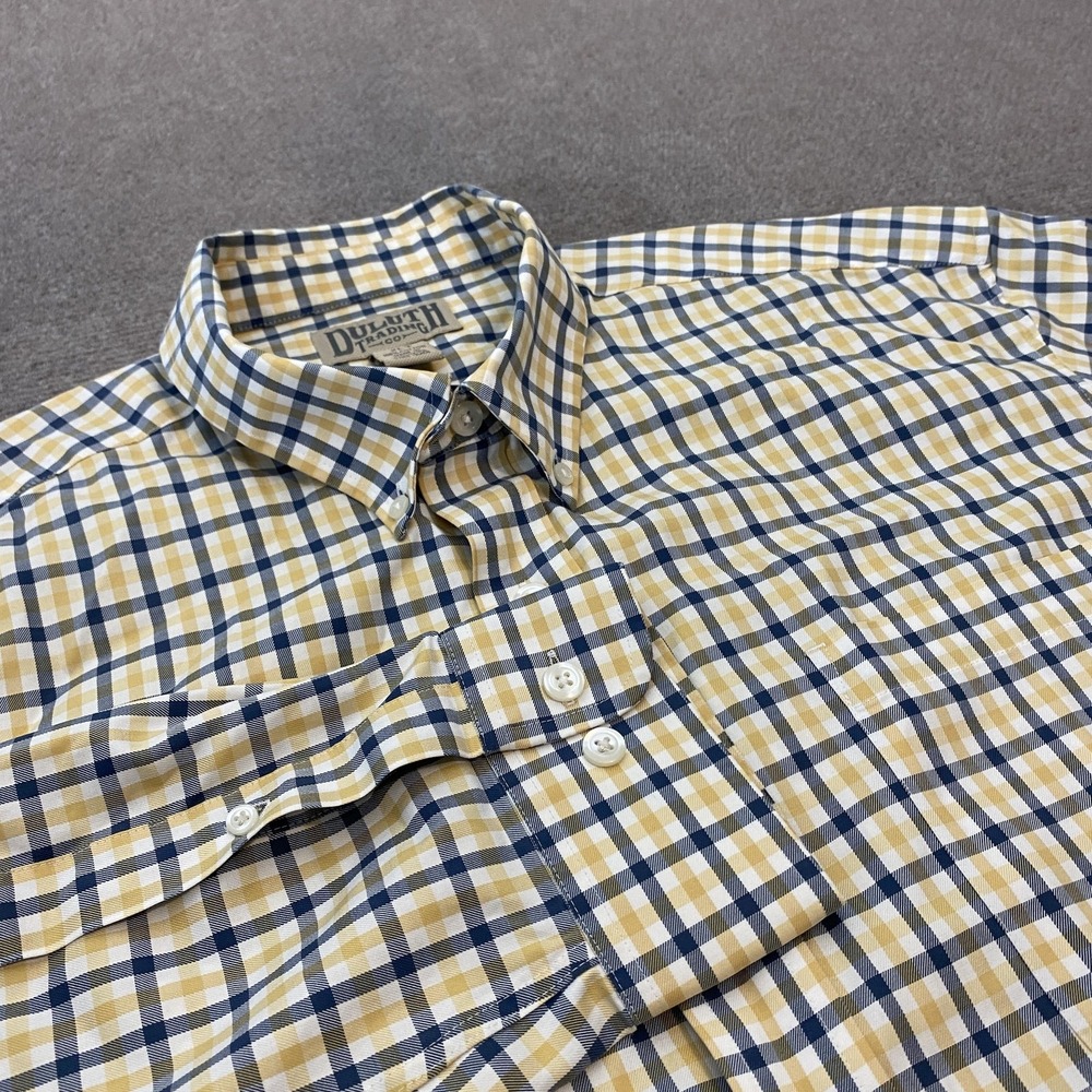 Duluth Trading Co Shirt Mens Size XLT Blue Yellow Plaid Button Front Long Sleeve